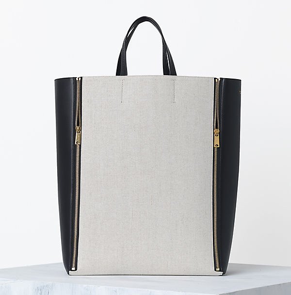 Celine-Cabas-Gusset-handbag-in-Linen-and-Calfskin